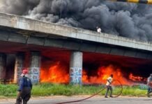Two Injured as Diesel Tanker Falls, Burns Under Otedola Bridge